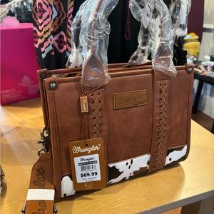 Wrangler brown cow print tote purse by Montana west